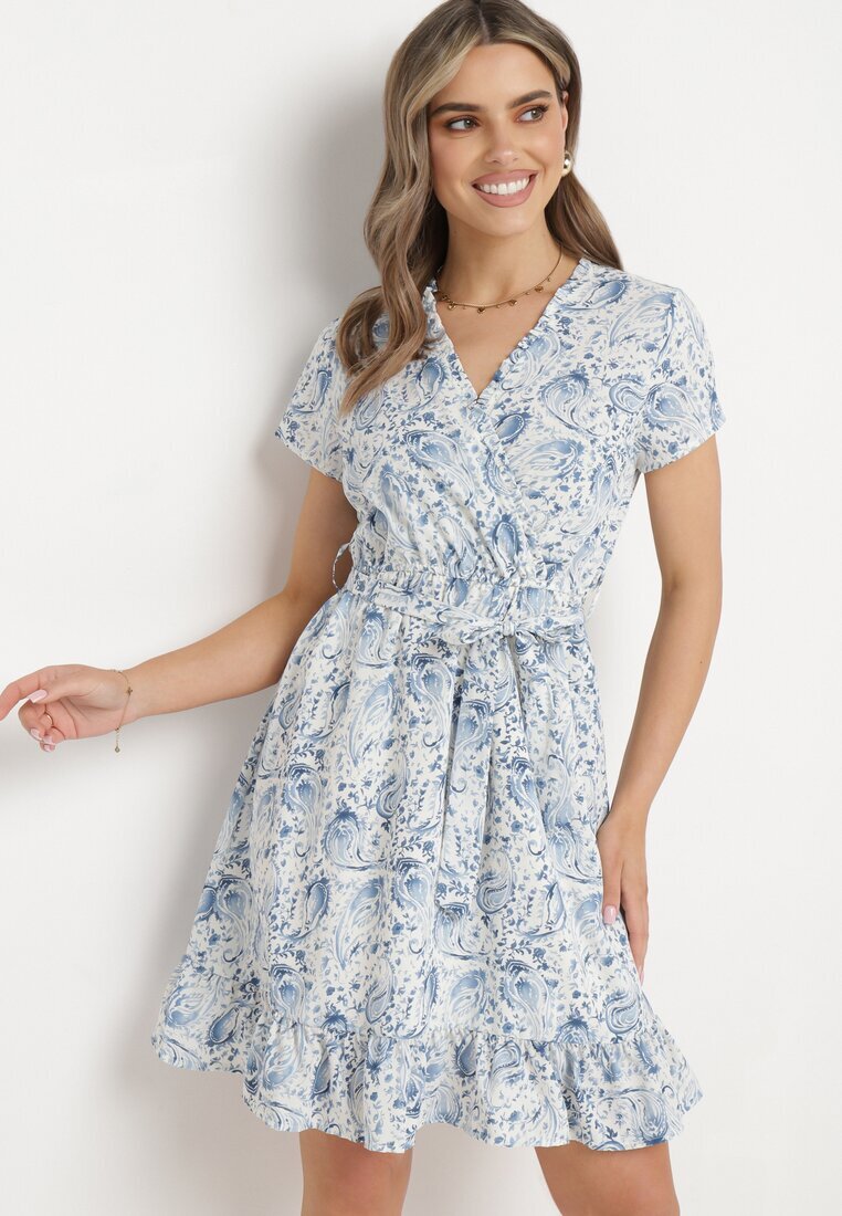 rosa Rochie Scurtă Albastră cu Cordon și Elastic în Talie și Decolteu Petrecut Starice