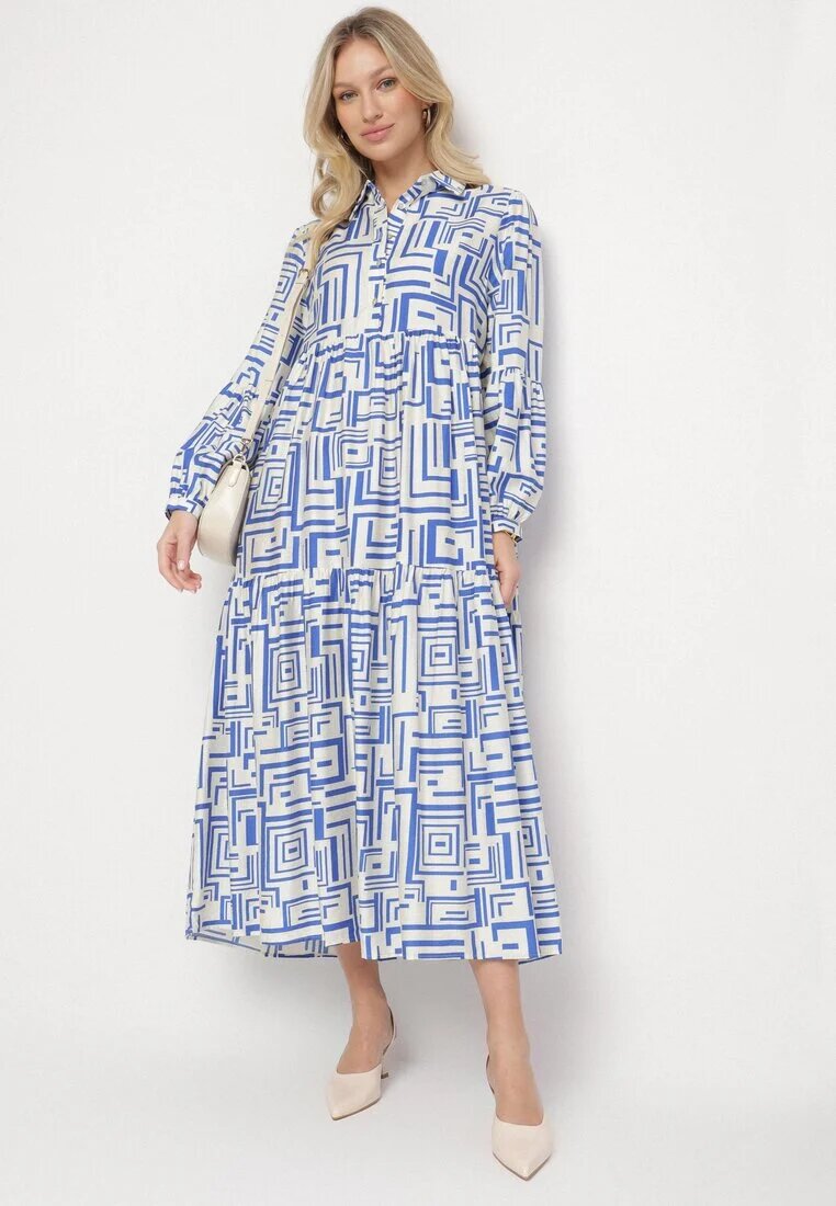 rosa Rochie tip cămașă Albastră Evazată din Viscoză cu Model Geometric Alineria