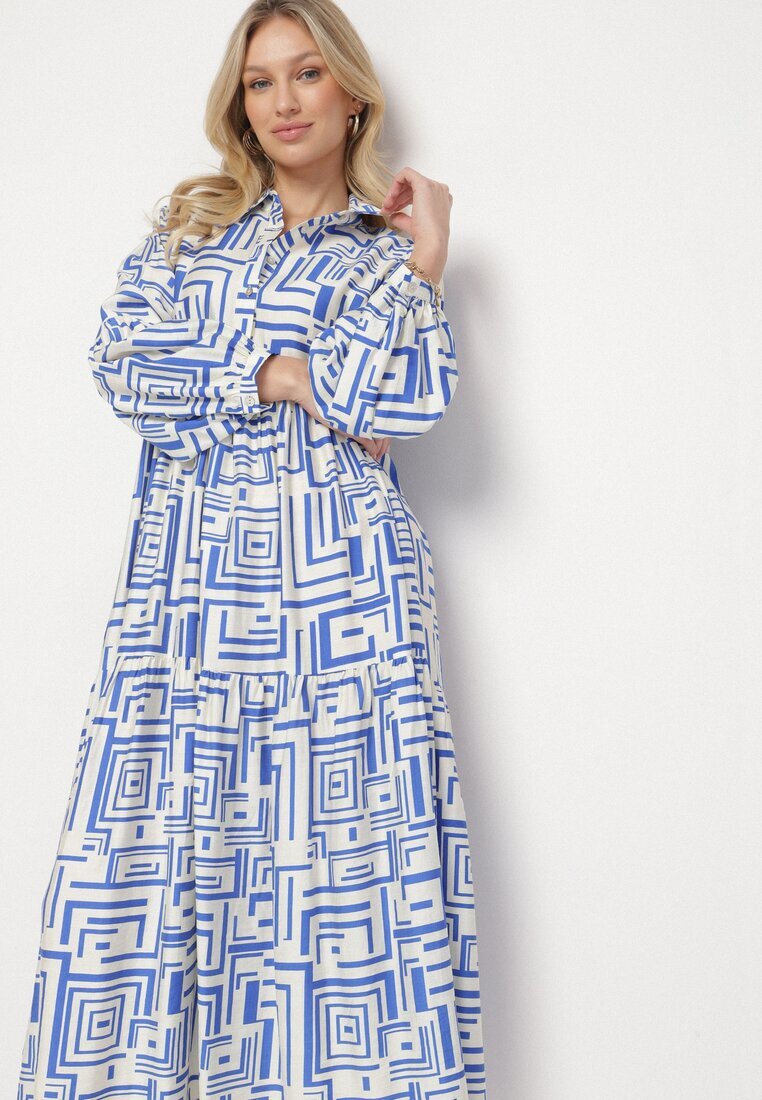 rosa Rochie tip cămașă Albastră Evazată din Viscoză cu Model Geometric Alineria