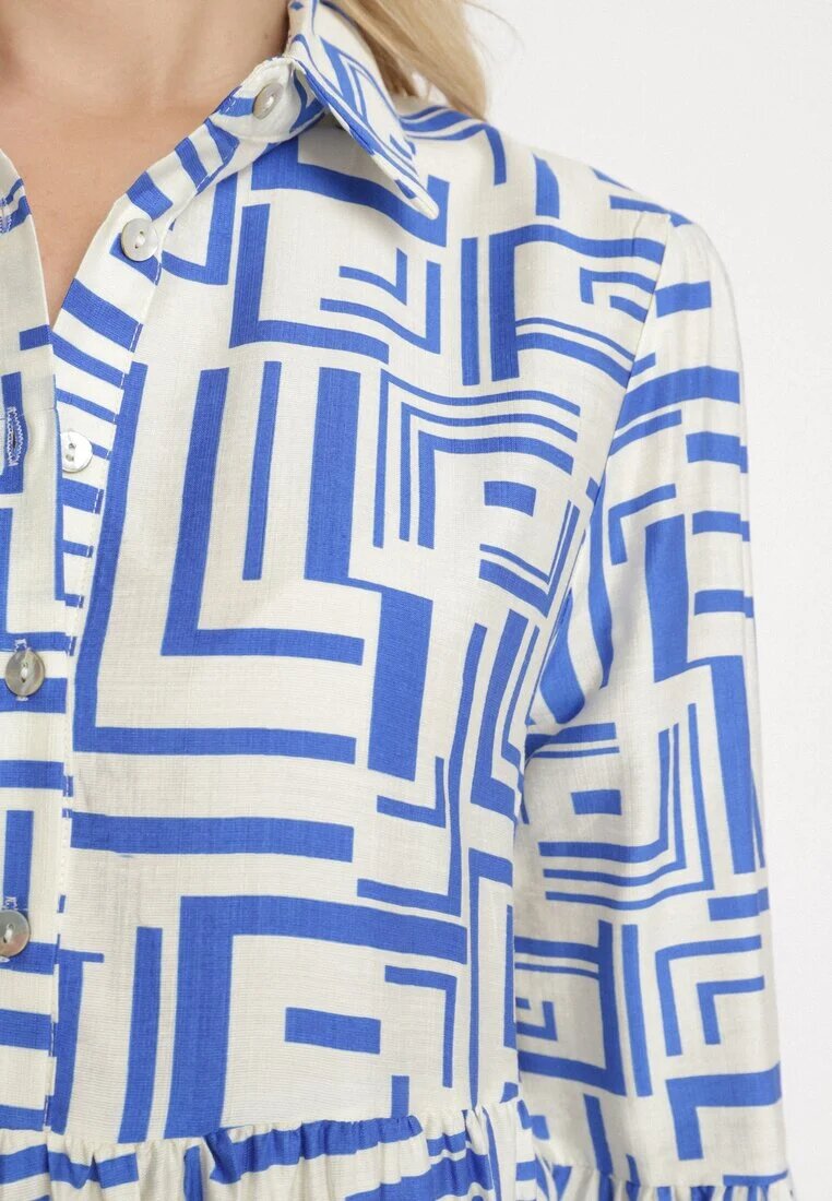 rosa Rochie tip cămașă Albastră Evazată din Viscoză cu Model Geometric Alineria