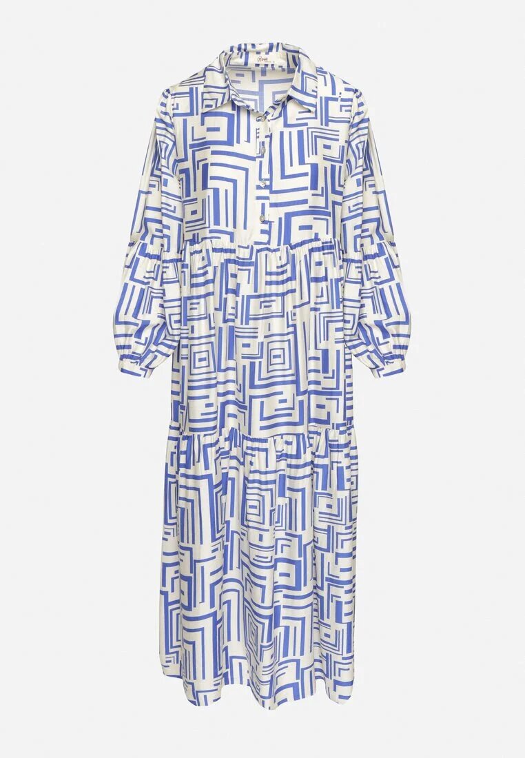 rosa Rochie tip cămașă Albastră Evazată din Viscoză cu Model Geometric Alineria