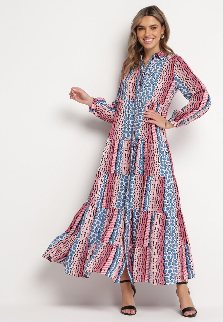 rosa Rochie tip cămașă Albastră-Roz Evazată Maxi Jayin