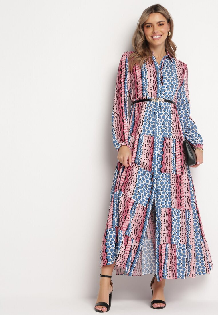 rosa Rochie tip cămașă Albastră-Roz Evazată Maxi Jayin