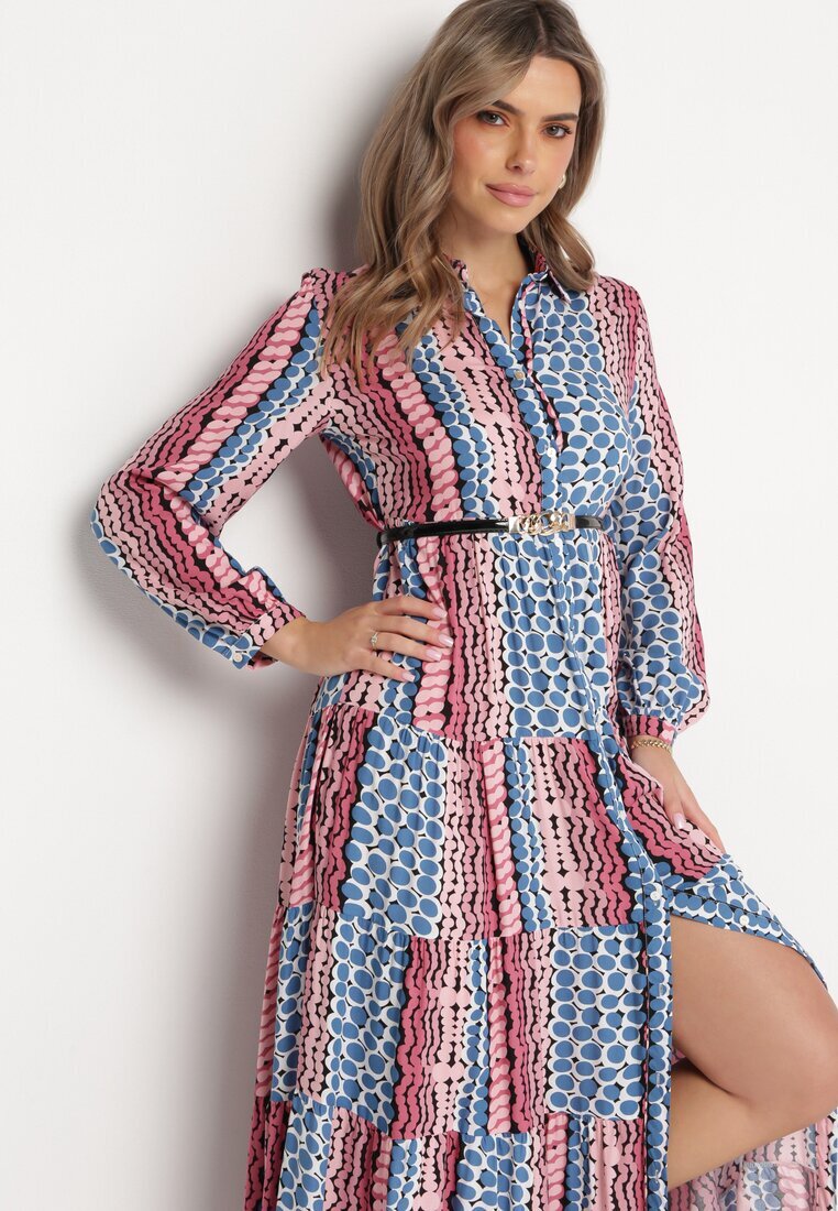 rosa Rochie tip cămașă Albastră-Roz Evazată Maxi Jayin