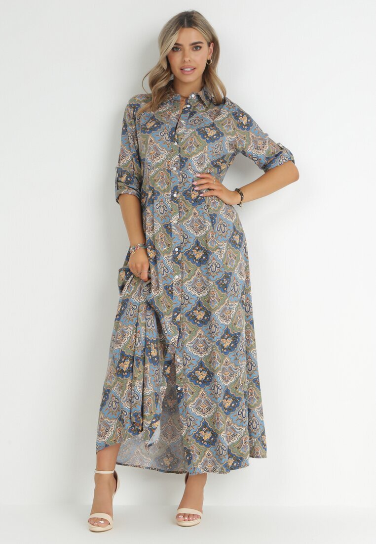 rosa Rochie Tip Cămașă Albastru-Verde cu Model Paisley Melli