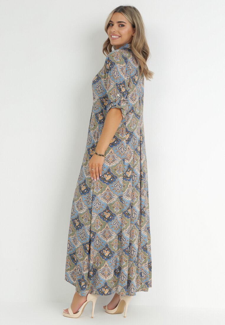 rosa Rochie Tip Cămașă Albastru-Verde cu Model Paisley Melli