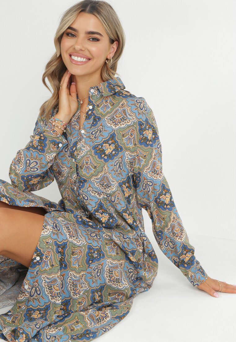 rosa Rochie Tip Cămașă Albastru-Verde cu Model Paisley Melli