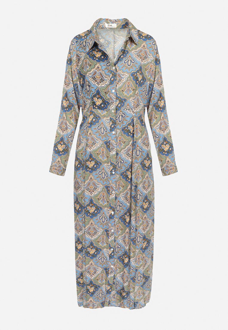 rosa Rochie Tip Cămașă Albastru-Verde cu Model Paisley Melli