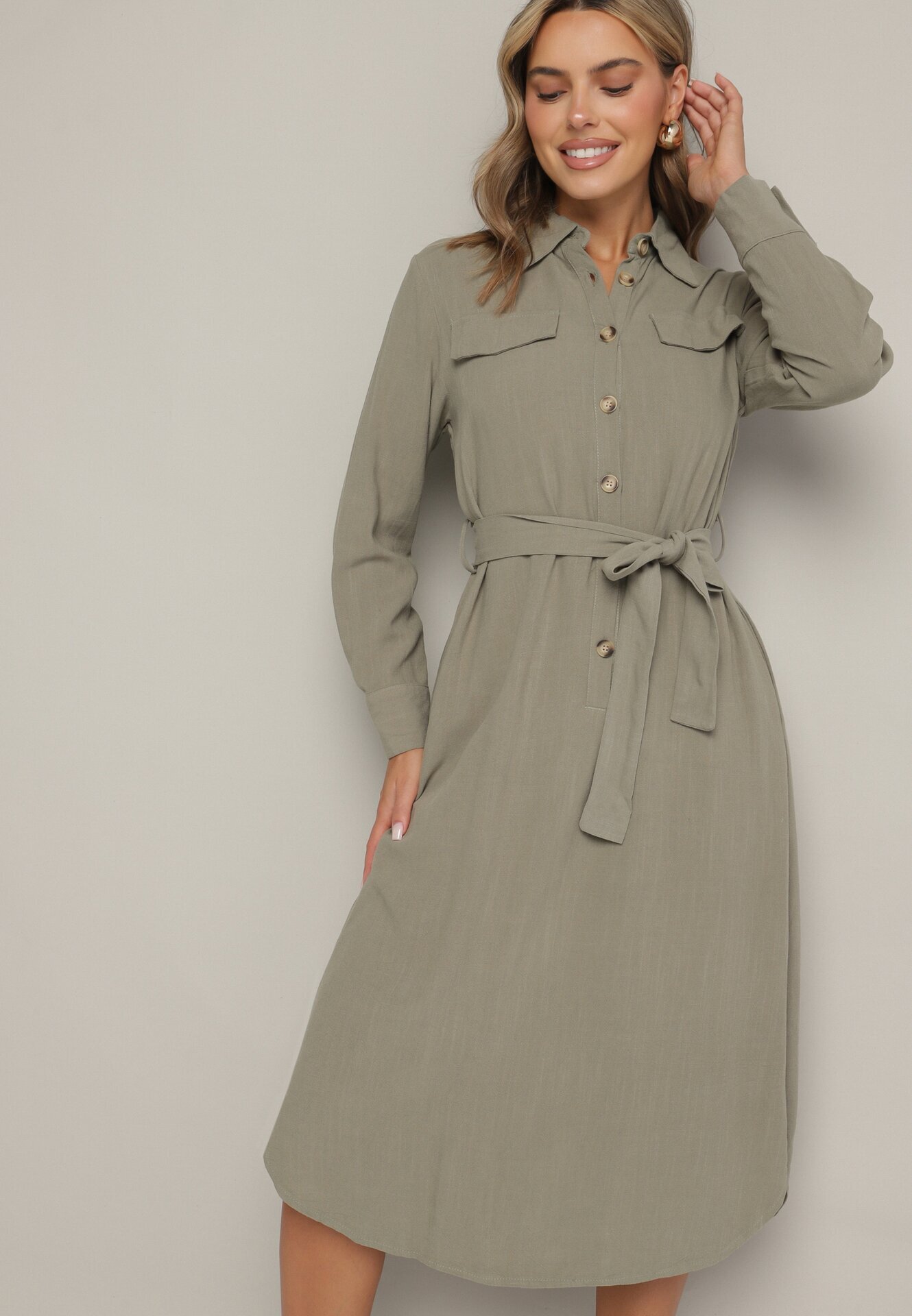 rosa Rochie tip cămașă Verde din bumbac cu centură legată Zintrona
