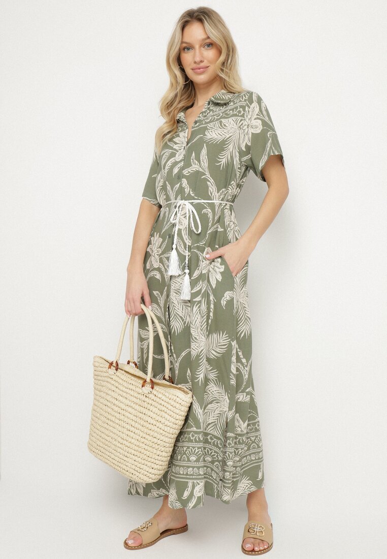 rosa Rochie tip cămașă verde închis din viscoză cu imprimeu floral cu buzunare Eramira
