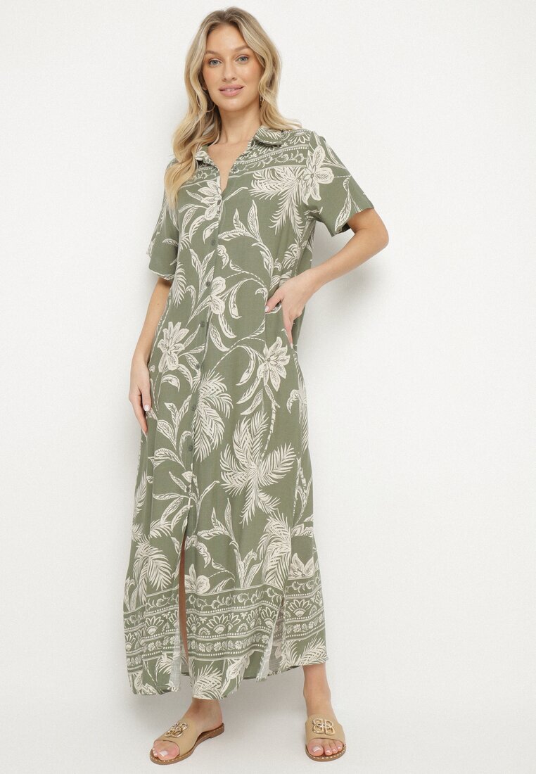rosa Rochie tip cămașă verde închis din viscoză cu imprimeu floral cu buzunare Eramira