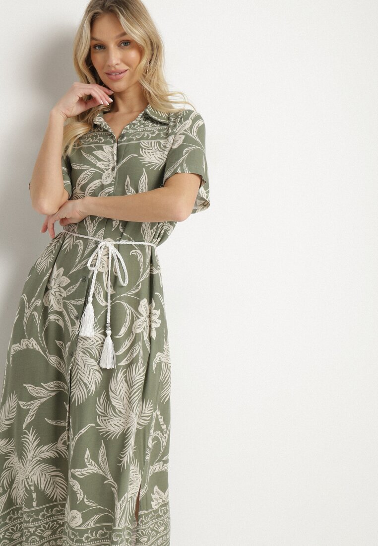 rosa Rochie tip cămașă verde închis din viscoză cu imprimeu floral cu buzunare Eramira
