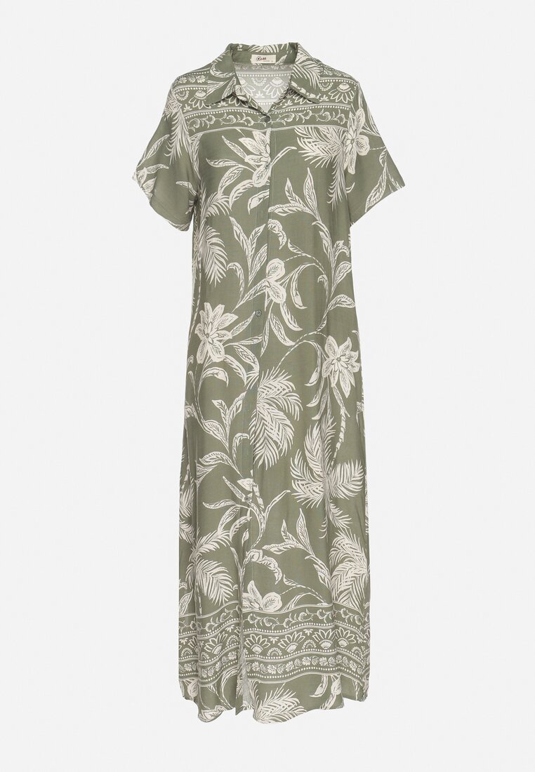 rosa Rochie tip cămașă verde închis din viscoză cu imprimeu floral cu buzunare Eramira