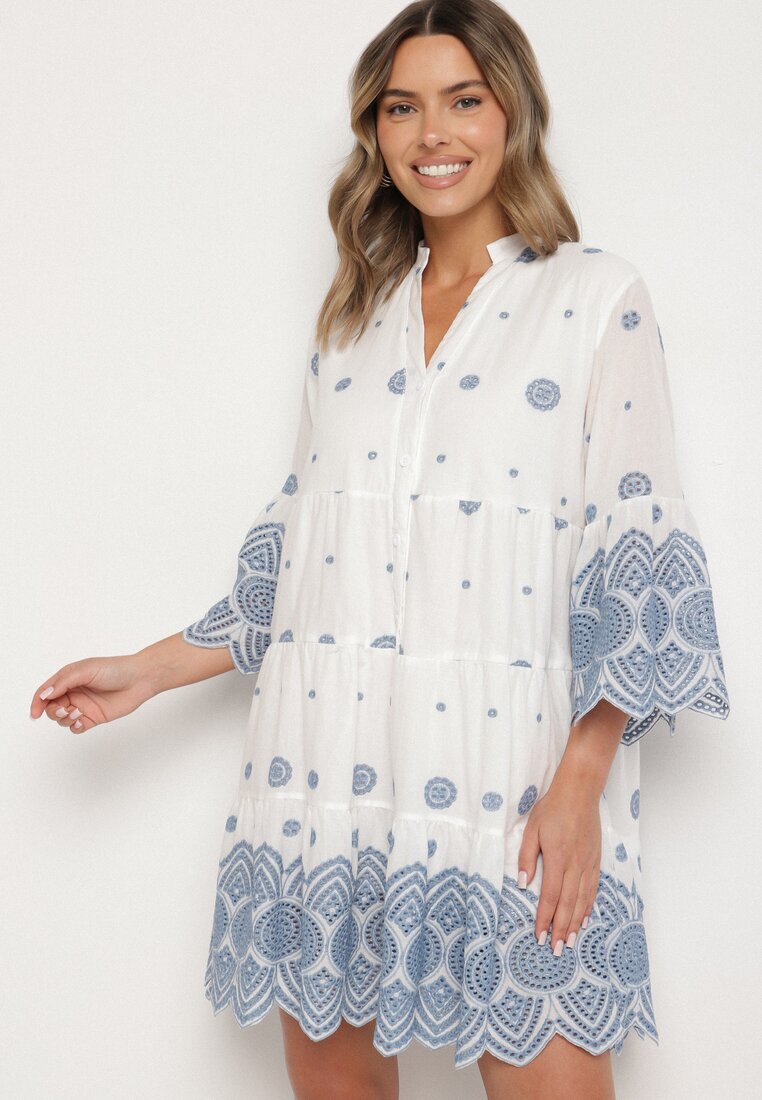 rosa Rochie tip cutie Albă Din bumbac cu model etno Rallea