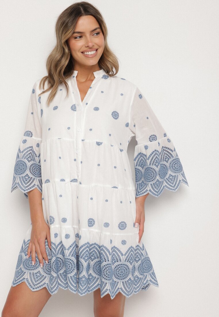 rosa Rochie tip cutie Albă Din bumbac cu model etno Rallea