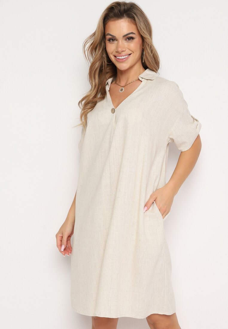 rosa Rochie Tip Cutie Bej din Bumbac cu Mâneci Suflecate Carinea
