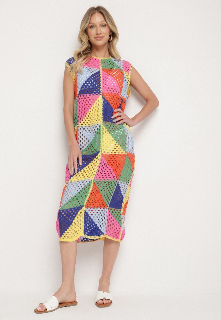 rosa Rochie Tip Cutie Roz-Galbenă din Bumbac cu Motiv Geometric Ajurat Tilurelle