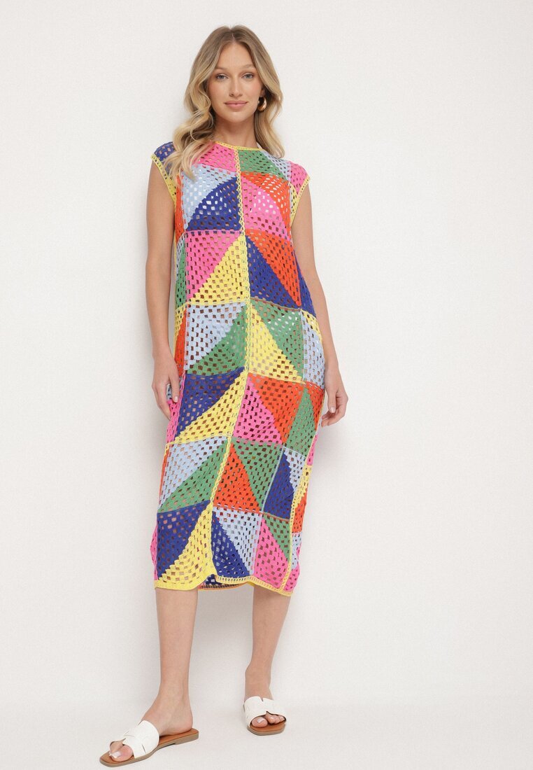 rosa Rochie Tip Cutie Roz-Galbenă din Bumbac cu Motiv Geometric Ajurat Tilurelle