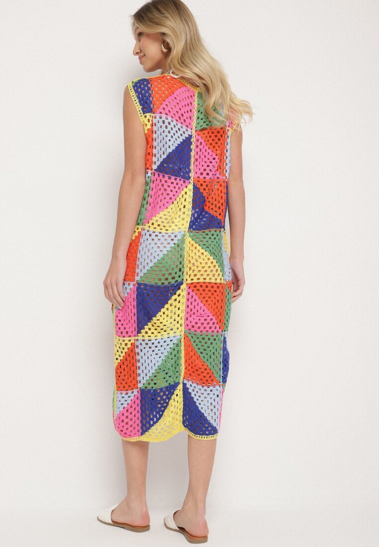 rosa Rochie Tip Cutie Roz-Galbenă din Bumbac cu Motiv Geometric Ajurat Tilurelle