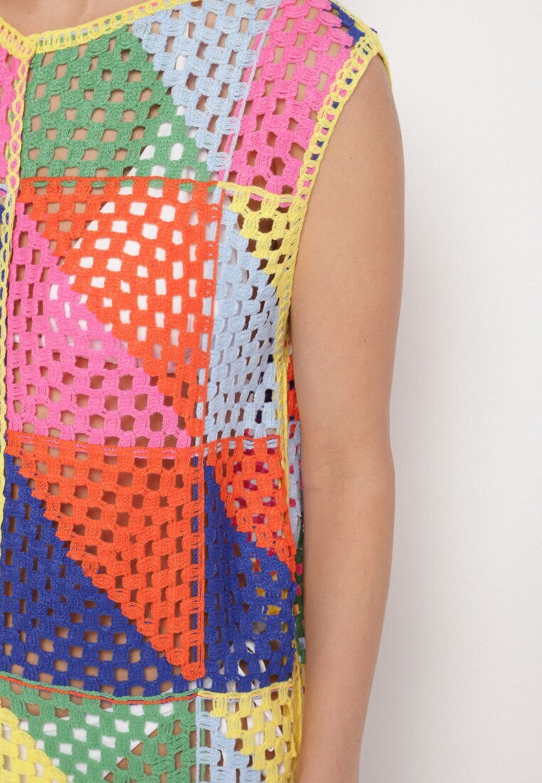 rosa Rochie Tip Cutie Roz-Galbenă din Bumbac cu Motiv Geometric Ajurat Tilurelle