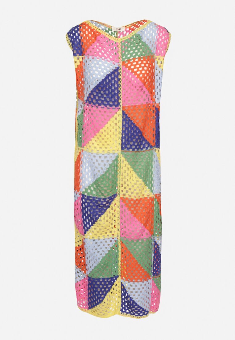 rosa Rochie Tip Cutie Roz-Galbenă din Bumbac cu Motiv Geometric Ajurat Tilurelle