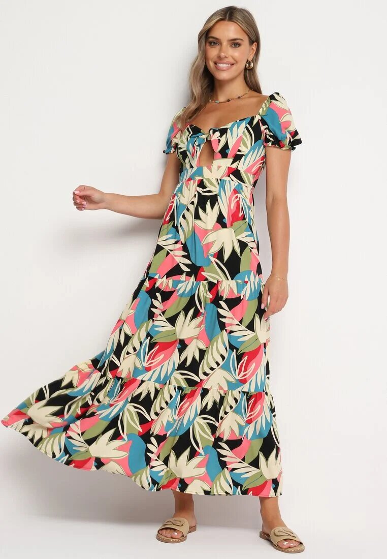 rosa Rochie Vâscoză Bej-Neagră cu imprimeu floral cu legătură la decolteu și volan Meviera