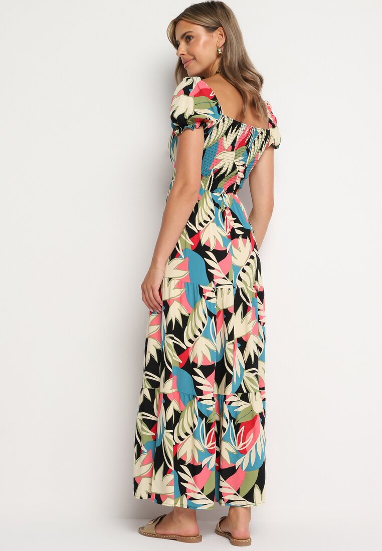 rosa Rochie Vâscoză Bej-Neagră cu imprimeu floral cu legătură la decolteu și volan Meviera