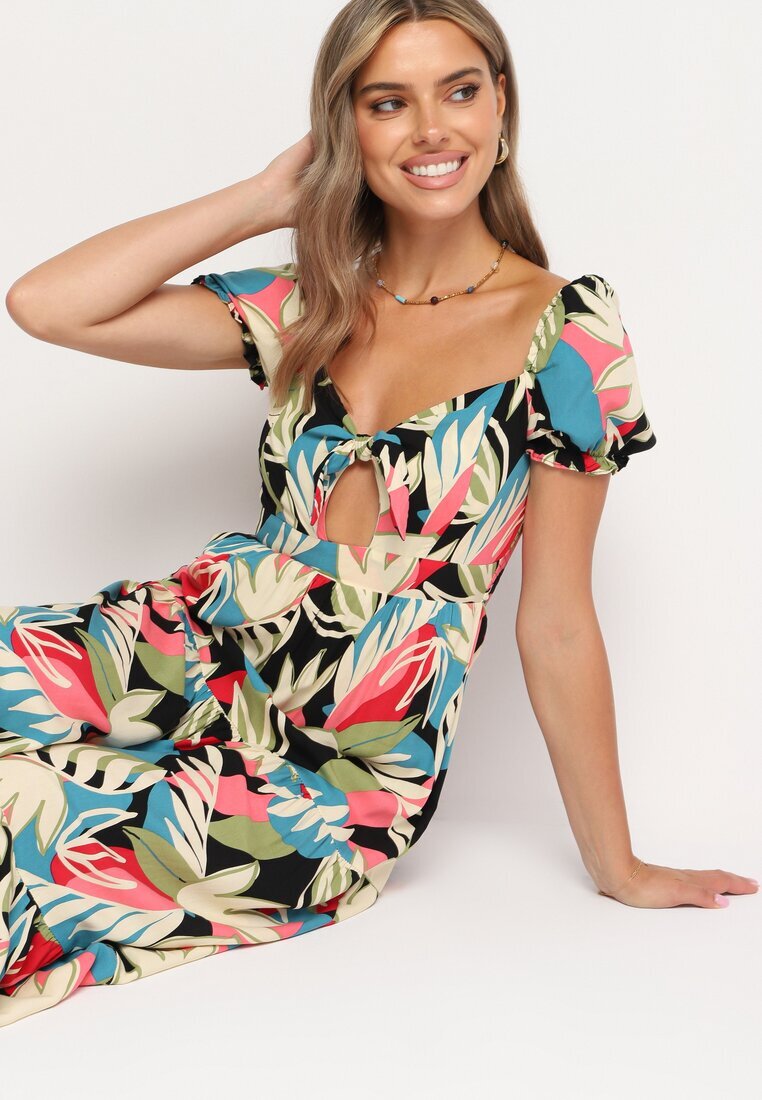 rosa Rochie Vâscoză Bej-Neagră cu imprimeu floral cu legătură la decolteu și volan Meviera