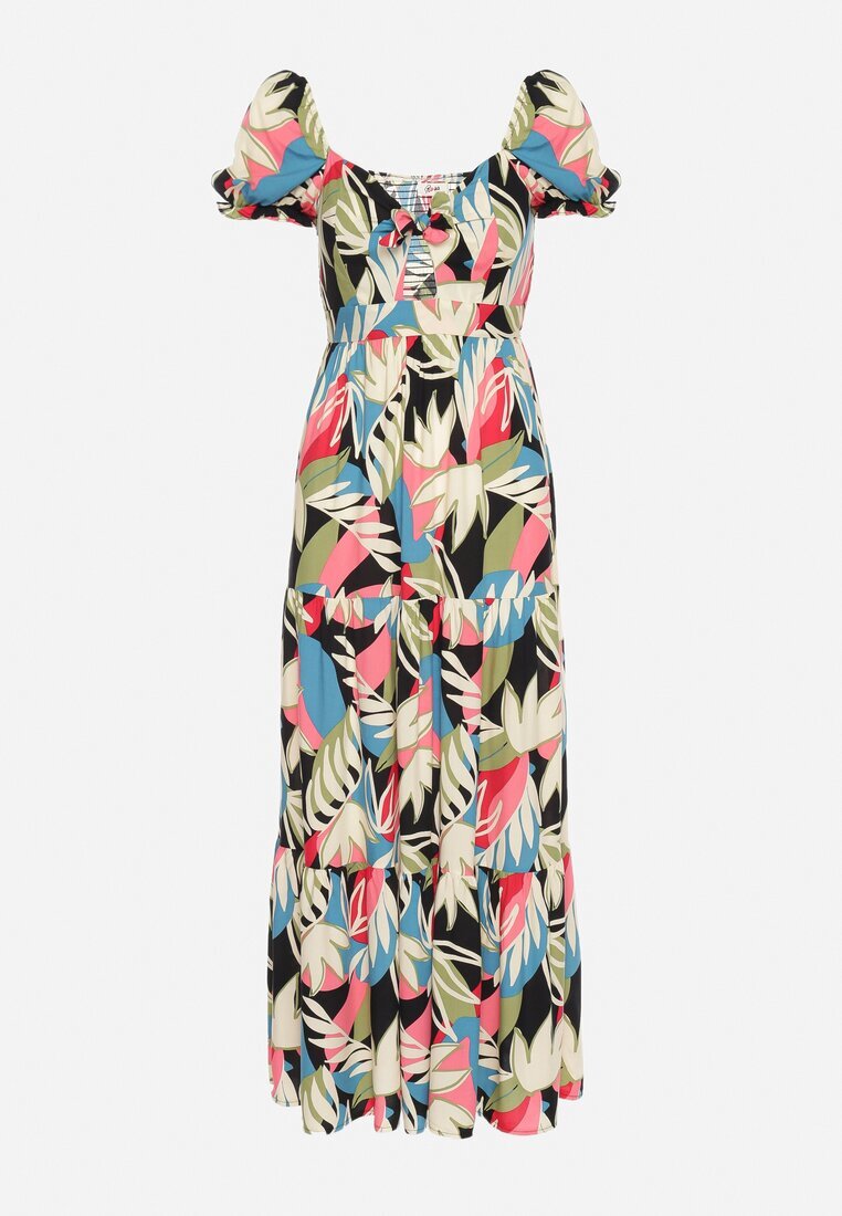 rosa Rochie Vâscoză Bej-Neagră cu imprimeu floral cu legătură la decolteu și volan Meviera