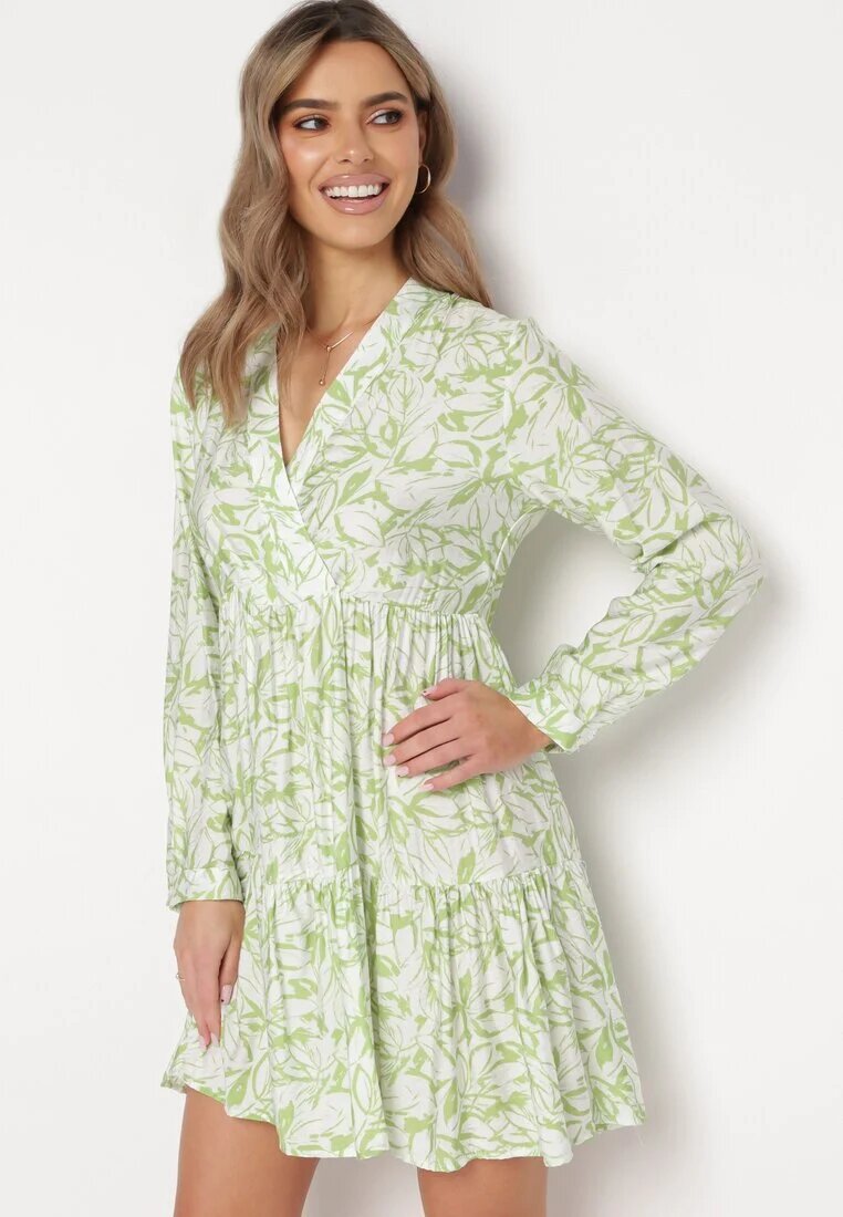 rosa Rochie Verde-Alb Mini Cloș Decorată cu motiv de frunze cu Volan Eralia