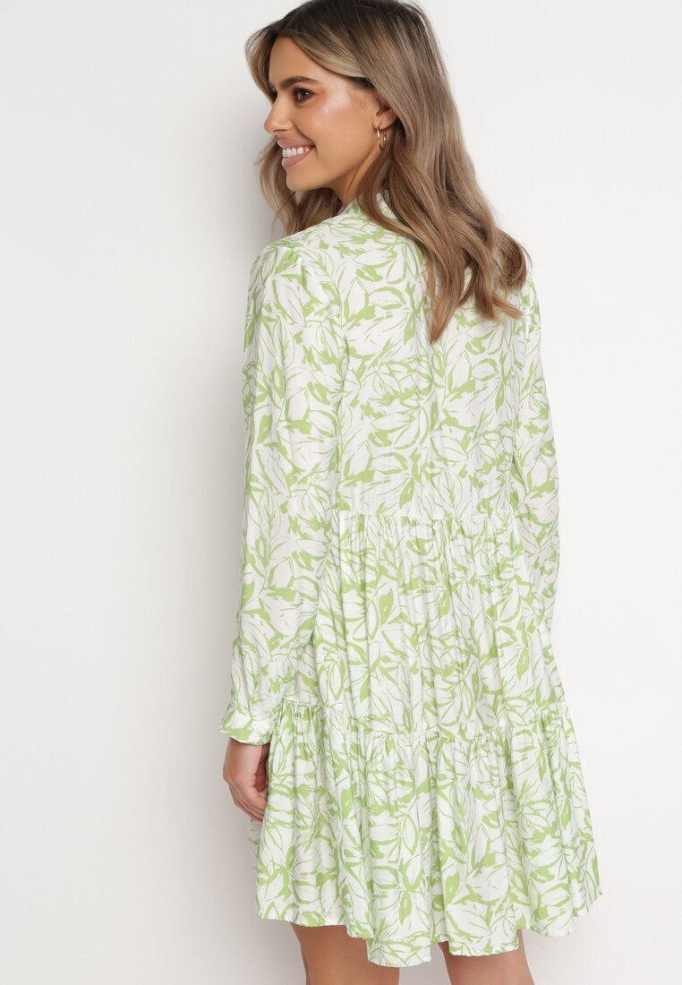 rosa Rochie Verde-Alb Mini Cloș Decorată cu motiv de frunze cu Volan Eralia