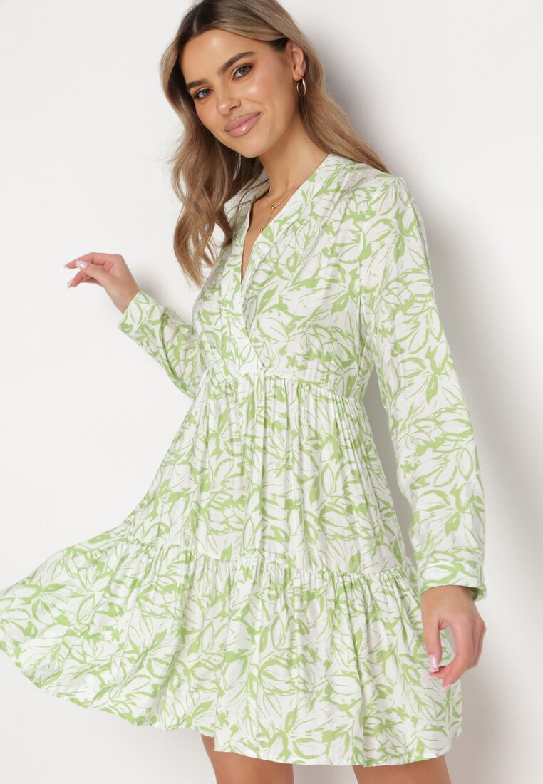 rosa Rochie Verde-Alb Mini Cloș Decorată cu motiv de frunze cu Volan Eralia
