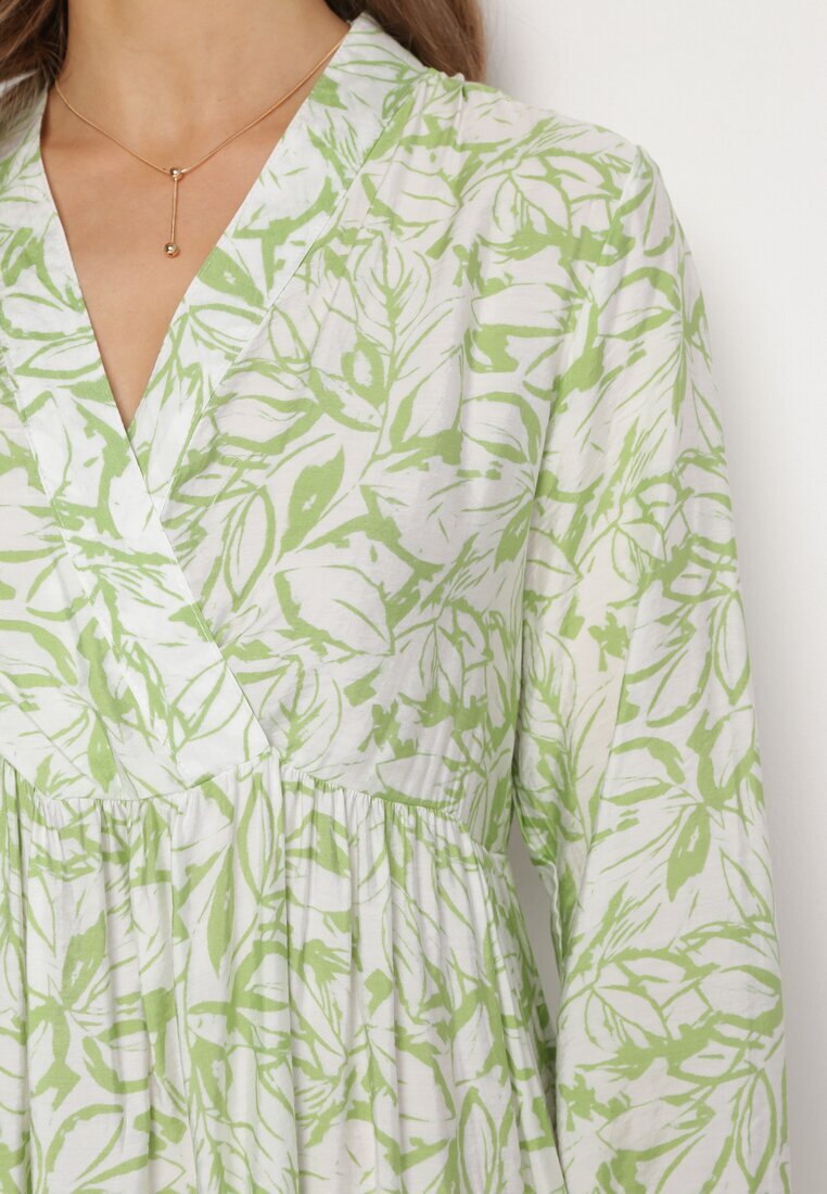 rosa Rochie Verde-Alb Mini Cloș Decorată cu motiv de frunze cu Volan Eralia