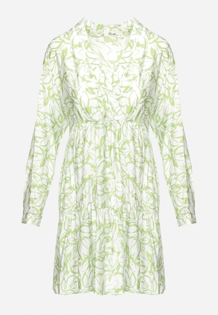 rosa Rochie Verde-Alb Mini Cloș Decorată cu motiv de frunze cu Volan Eralia