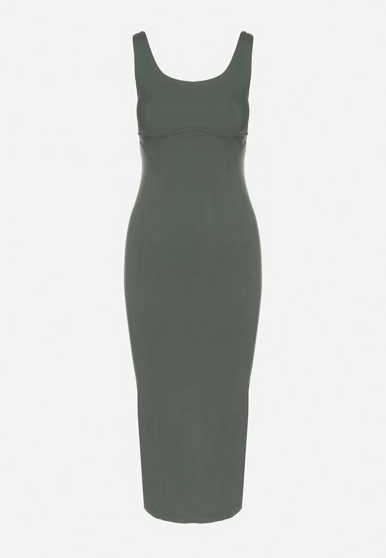 rosa Rochie Verde cu Bretele din Vâscoză Croială Creion cu Fentă Tirbia