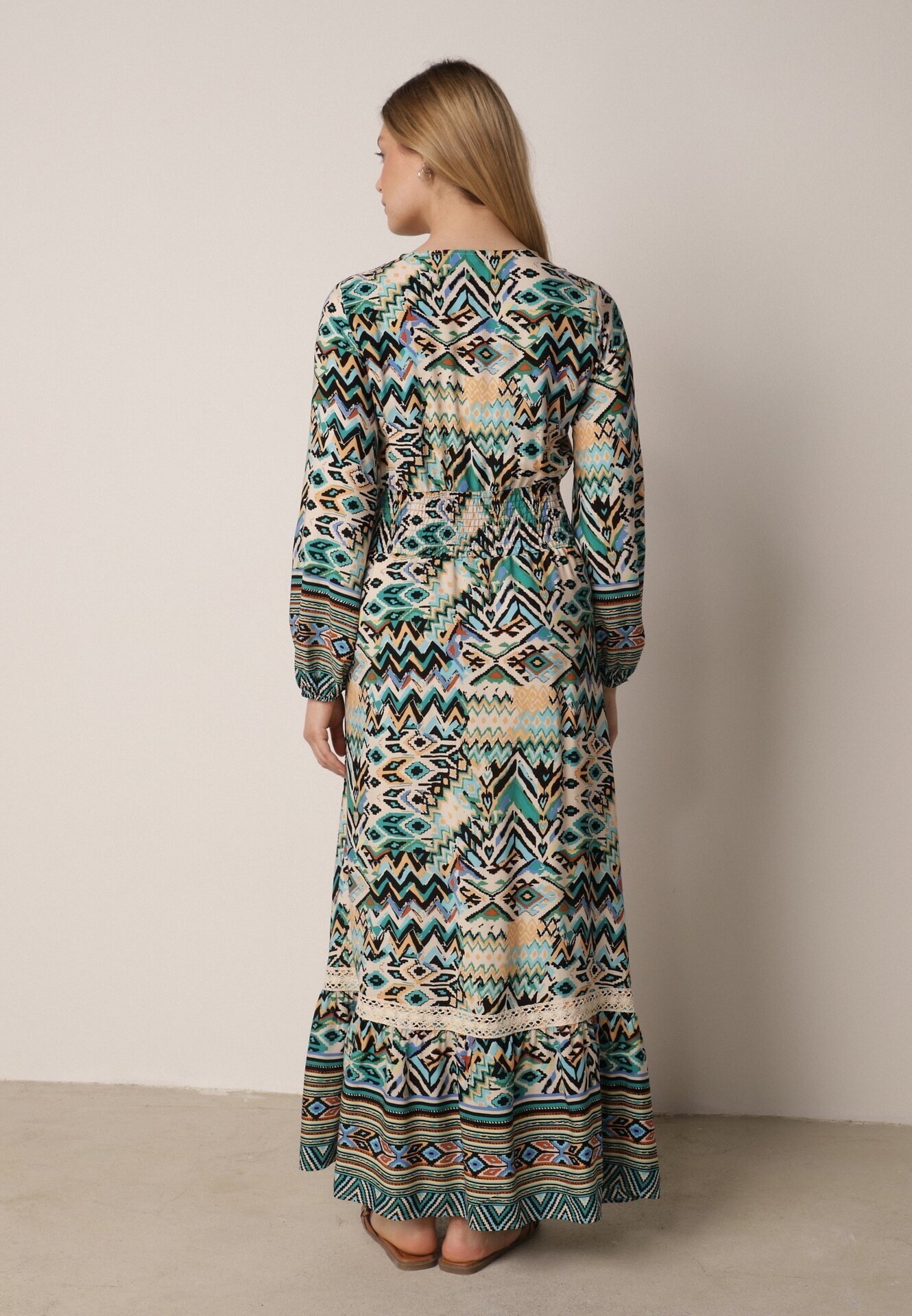 rosa Rochie Verde cu elastic în talie cu model etno Tilfa