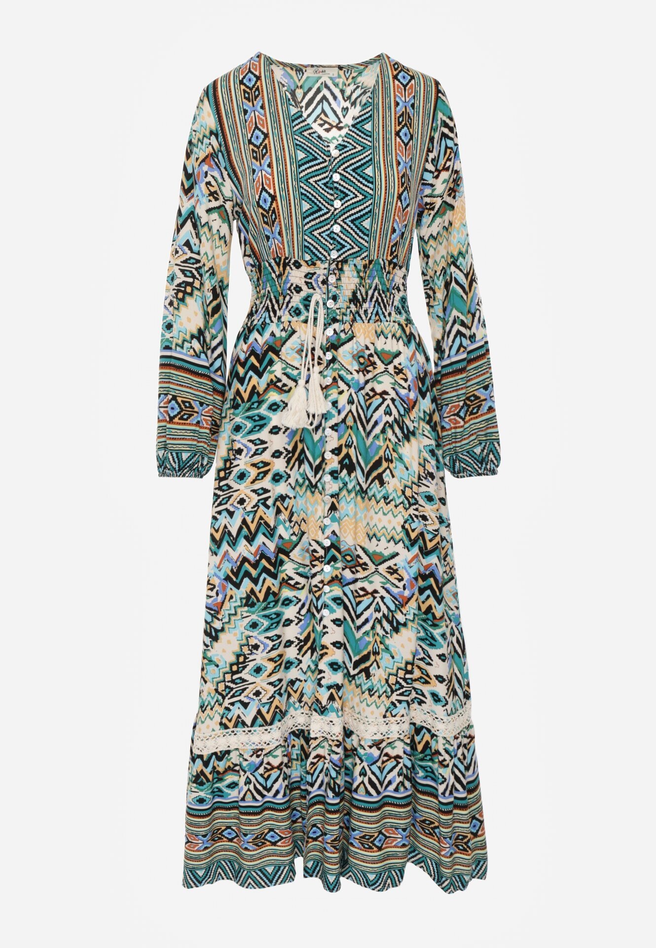 rosa Rochie Verde cu elastic în talie cu model etno Tilfa