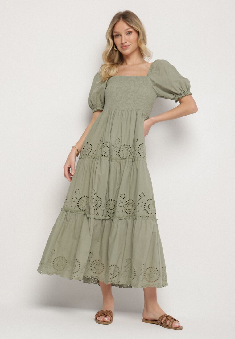 rosa Rochie Verde de Bumbac cu Model Brodat Iffanella