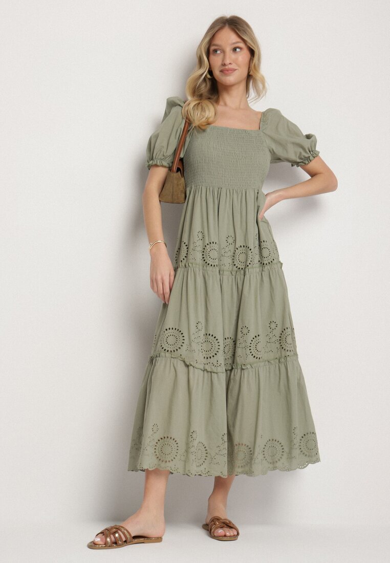 rosa Rochie Verde de Bumbac cu Model Brodat Iffanella