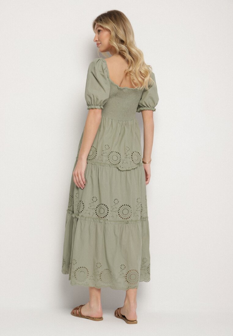 rosa Rochie Verde de Bumbac cu Model Brodat Iffanella