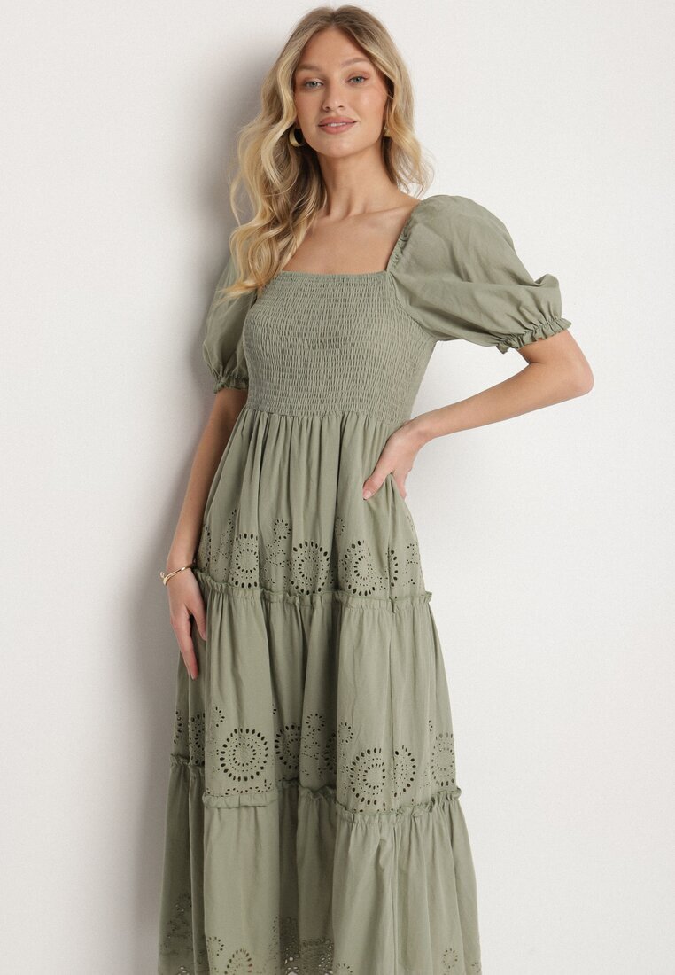rosa Rochie Verde de Bumbac cu Model Brodat Iffanella
