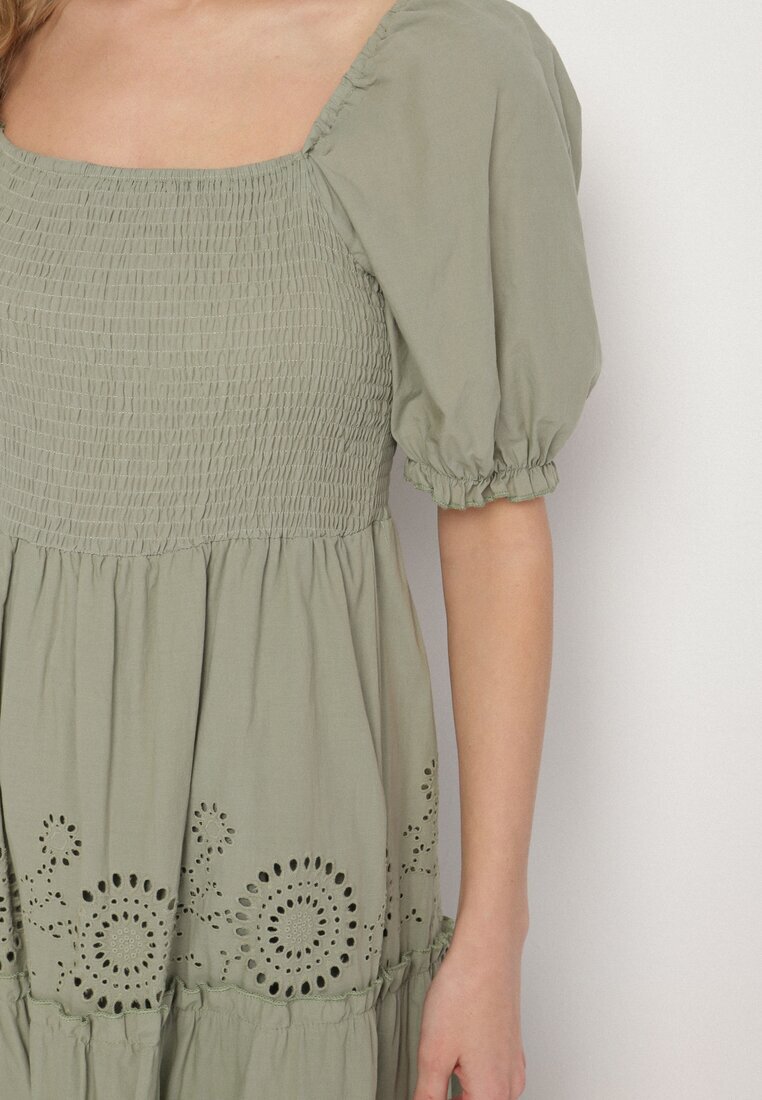 rosa Rochie Verde de Bumbac cu Model Brodat Iffanella