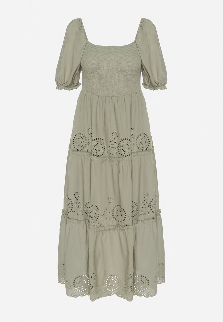 rosa Rochie Verde de Bumbac cu Model Brodat Iffanella