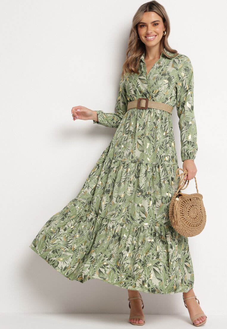 rosa Rochie Verde deschis cu model vegetal și Curea împletită Nouylas