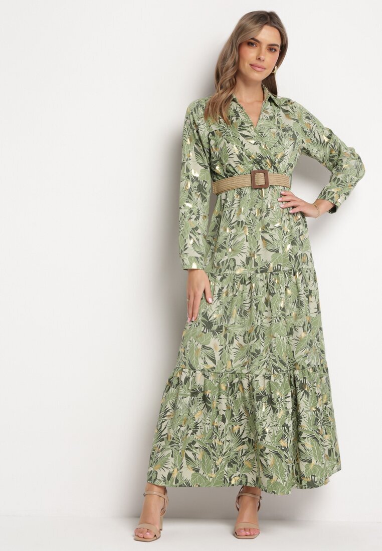 rosa Rochie Verde deschis cu model vegetal și Curea împletită Nouylas