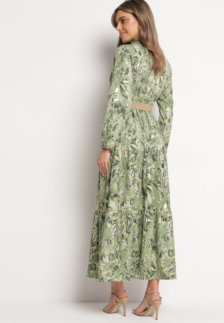 rosa Rochie Verde deschis cu model vegetal și Curea împletită Nouylas