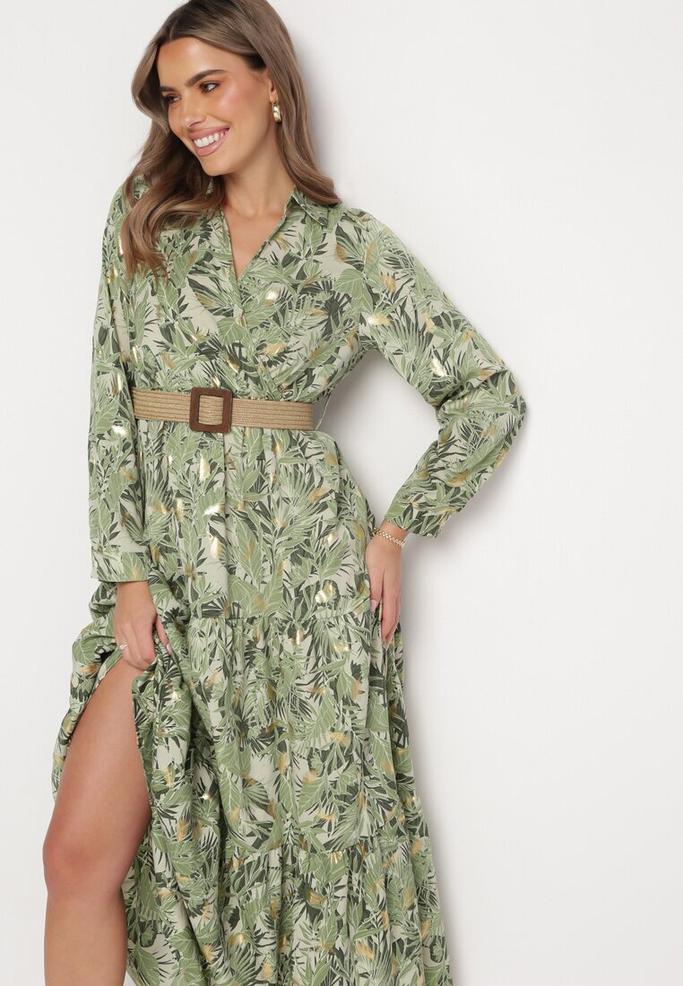 rosa Rochie Verde deschis cu model vegetal și Curea împletită Nouylas