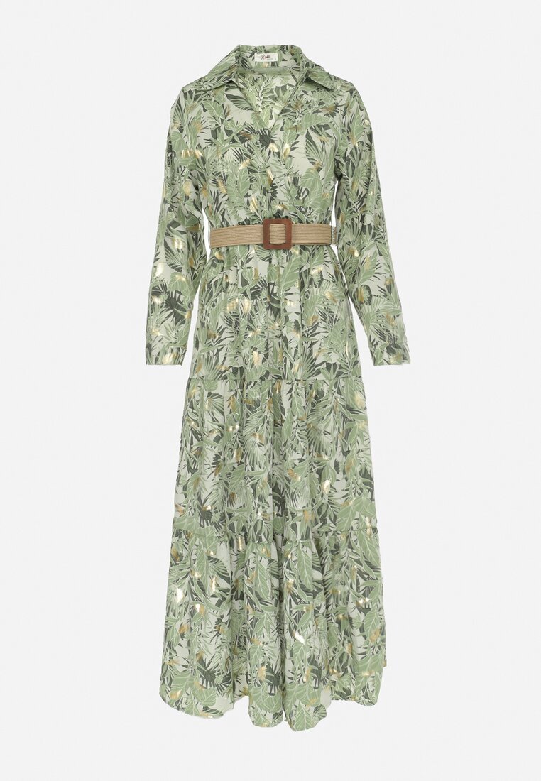 rosa Rochie Verde deschis cu model vegetal și Curea împletită Nouylas