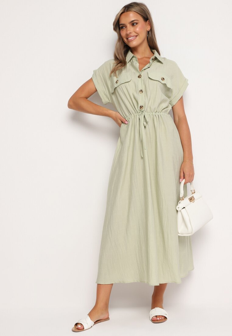 rosa Rochie verde deschis din viscoză cloș cu elastic în talie decorată cu nasturi Lemvia