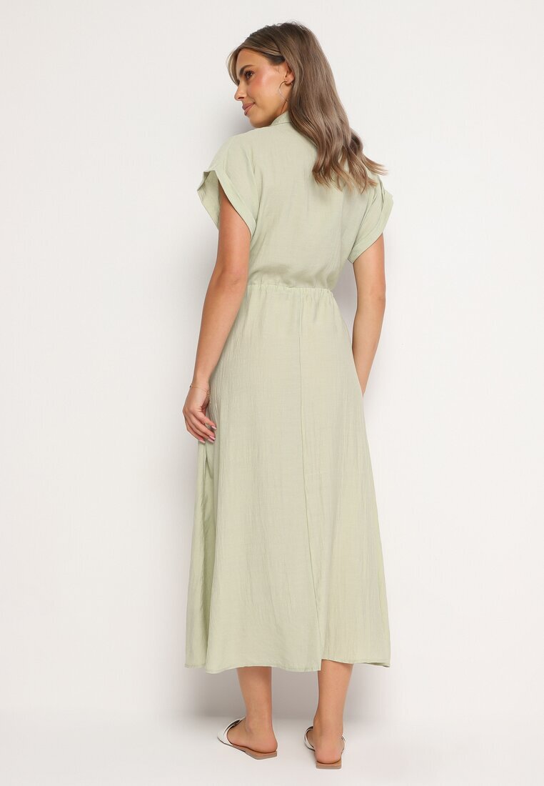 rosa Rochie verde deschis din viscoză cloș cu elastic în talie decorată cu nasturi Lemvia
